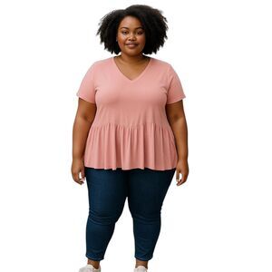 Pink Peach Short Sleeve V Neck Ruffled Hem‎ Versatile Casual Tunic Top LG